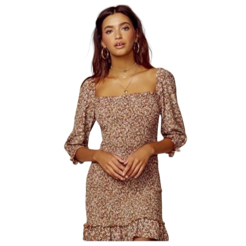Faithfull the Brand Floral Off Shoulder Mini Dress Brown Cottagecore 8 Large